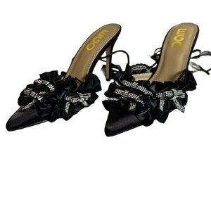 NEW EGO Black Satin Ankle Strap Lace/Crystal Bow Detail sz. UK3/US5 Coquette